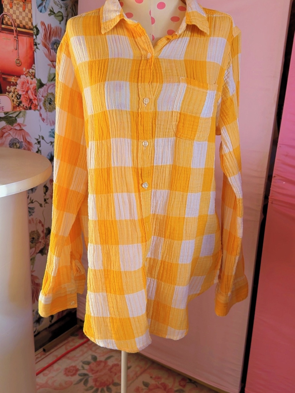 St. John’s Bay Yellow White Gingham Plaid Button Down Shirt Women’s M